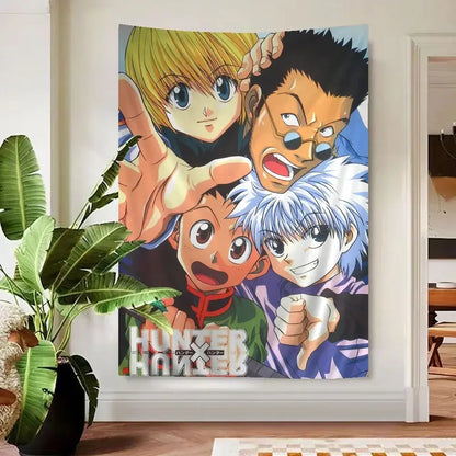 Hunter x hunter anime wall tapestry with vibrant colorful artwork featuring main characters in dynamic poses