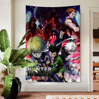 Hunter x hunter anime wall tapestry featuring vibrant red blue and black colors for bold anime decor