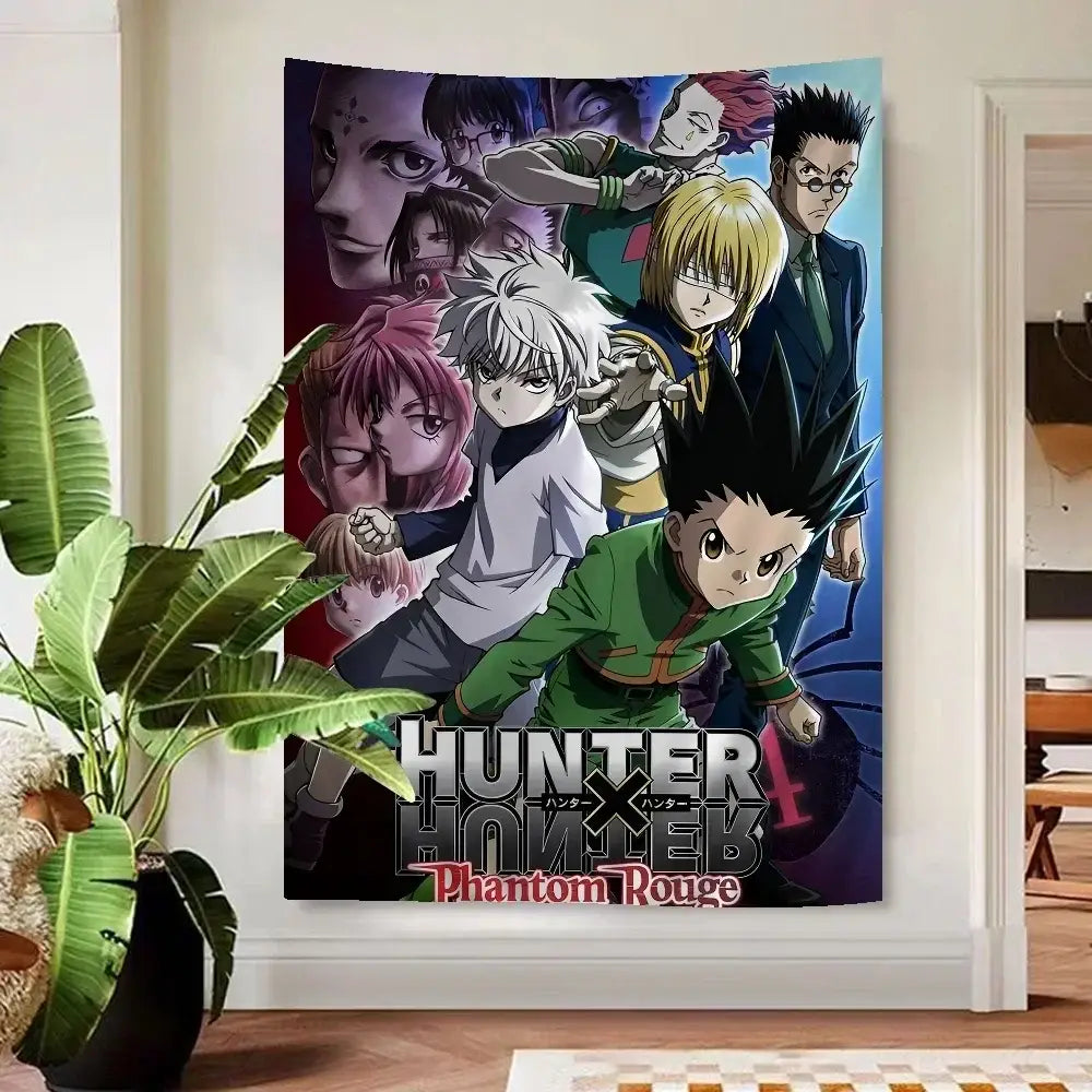 Hunter x hunter anime wall tapestry featuring vibrant phantom rouge characters in bold colors for decor use