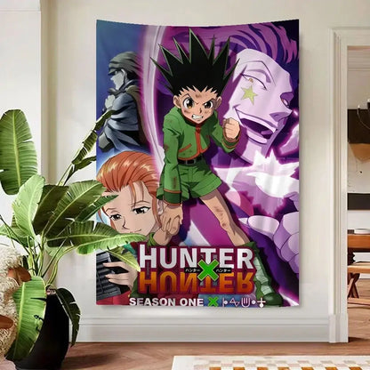 Vibrant purple and green hunter x hunter anime wall tapestry featuring season one characters for stylish decor