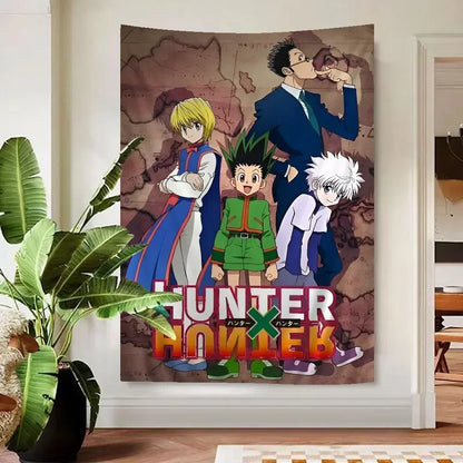 Hunter x hunter anime wall tapestry featuring characters on an earth-toned map background with bold red lettering