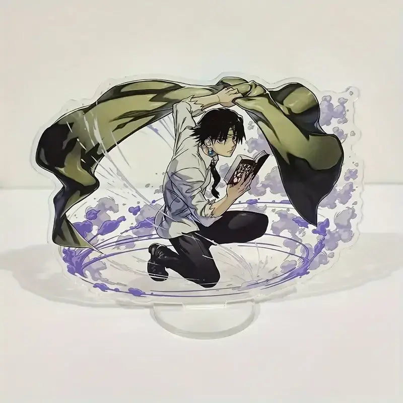 Hunter x hunter durable acrylic stand featuring anime character in dynamic pose with green and black cloak holding a book