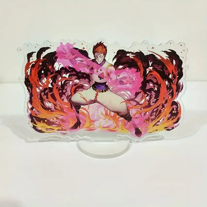 Hunter x hunter acrylic stand featuring a vibrant fiery pink and orange energy swirl character on durable clear acrylic