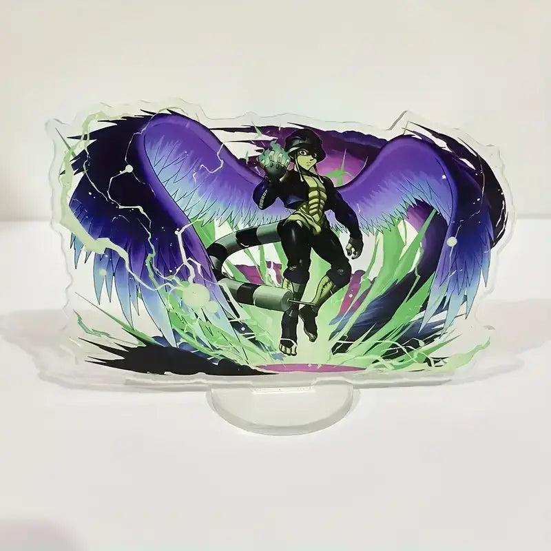 Hunter x hunter durable acrylic stand featuring an anime character with purple blue wings and green lightning effects