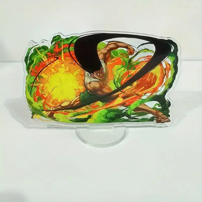 Clear durable acrylic stand featuring vibrant gon freecss illustration with fiery orange and green energy hunter x hunter