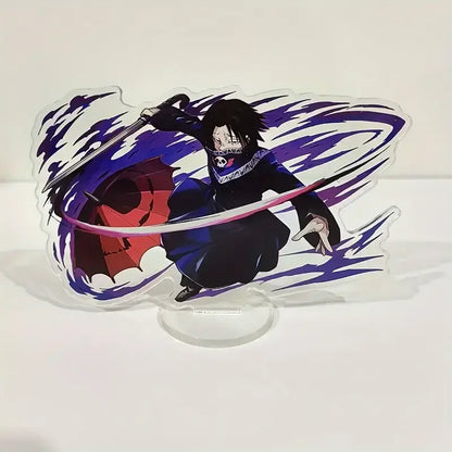 Hunter x hunter durable acrylic stand featuring a dynamic black-haired anime character in dark blue wielding a sword with purple energy swirls