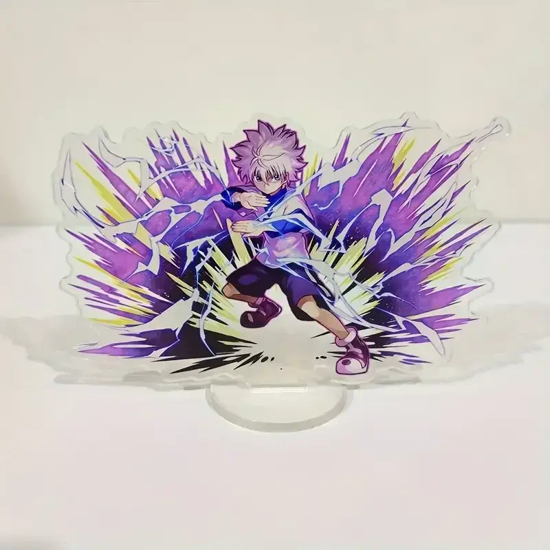 Hunter x hunter durable acrylic stand featuring dynamic anime character with spiky purple hair and vibrant energy bursts