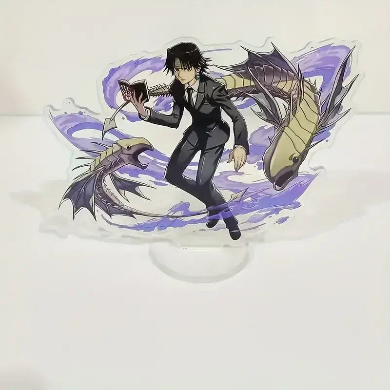 Hunter x hunter durable acrylic stand featuring black suit anime character with book and purple energy dragons double-sided model