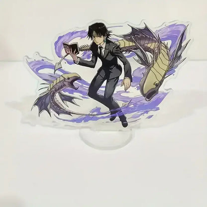 Hunter x hunter durable acrylic stand featuring black suit anime character with book and purple energy dragons double-sided model