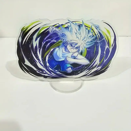 Hunter x hunter durable acrylic stand featuring a double-sided anime character with spiky white hair and swirling vortex design
