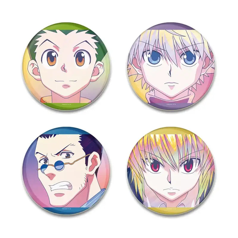 Four handmade hunter x hunter character pins featuring vibrant colorful backgrounds and detailed anime artwork