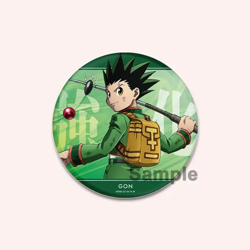 Green circular hunter x hunter character pin featuring gon freecss in green outfit holding fishing rod handmade badge