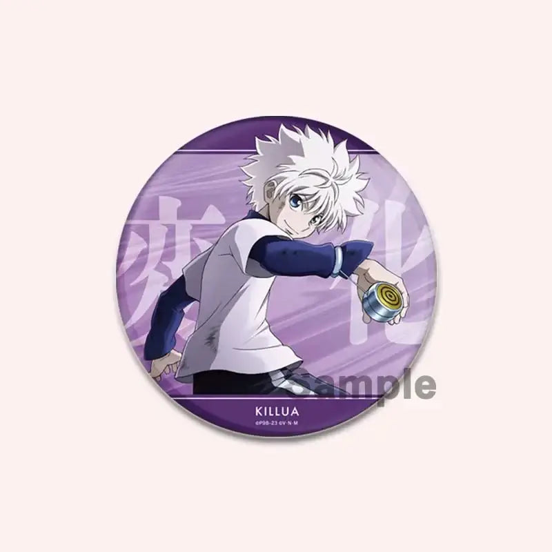 Purple circular hunter x hunter character pin featuring anime character with spiky white hair holding metallic object