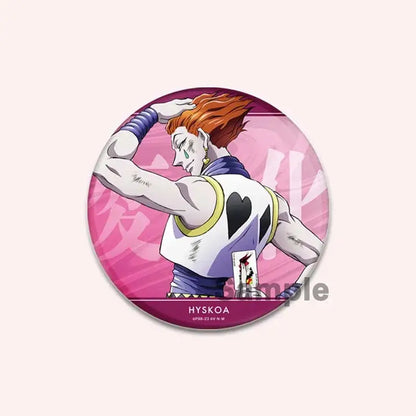 Circular hunter x hunter character pin featuring hyskoa with orange hair in white and purple outfit with black hearts
