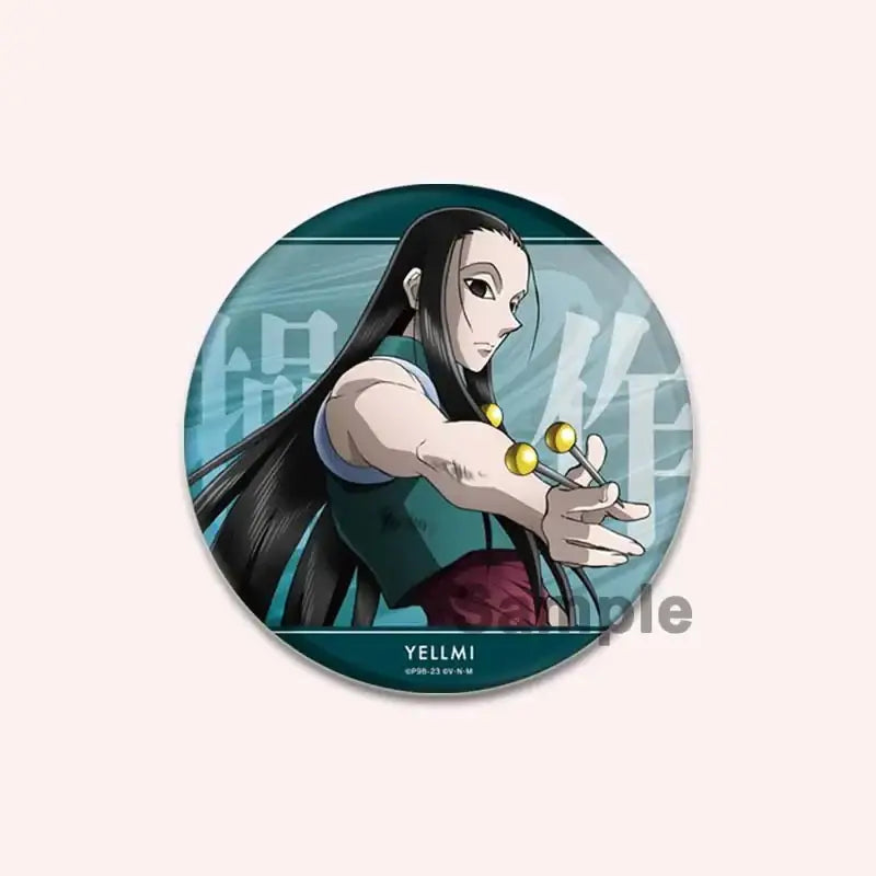 Circular handmade hunter x hunter character pin featuring an anime character with long black hair holding golden spheres