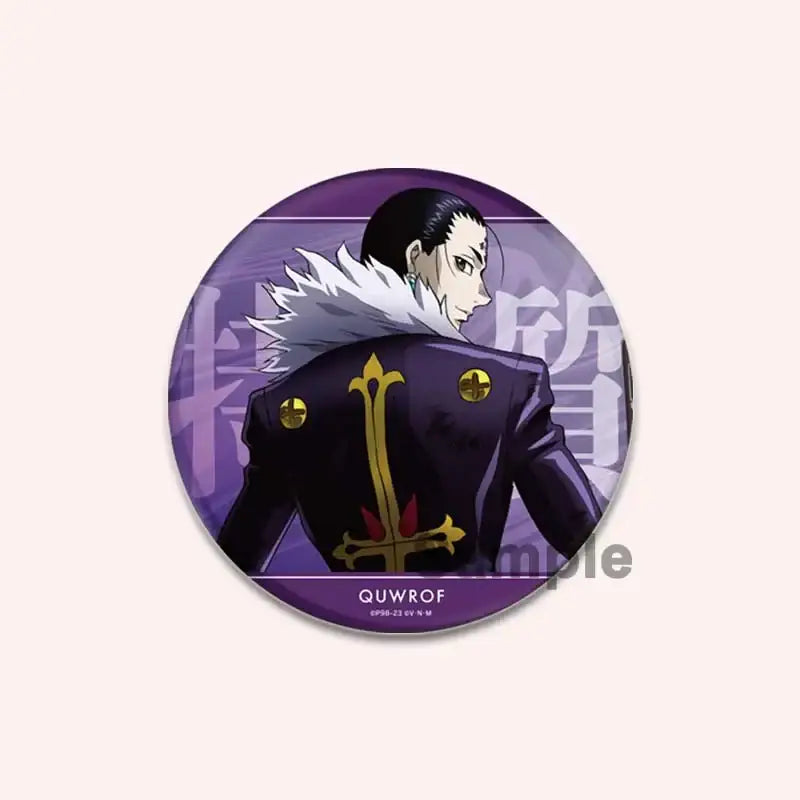 Purple and gold hunter x hunter character pin featuring a figure in a black coat with white fur collar handmade badge