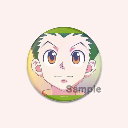 Circular hunter x hunter character pin featuring a handmade badge of a cartoon character with spiky green hair and pink cheeks