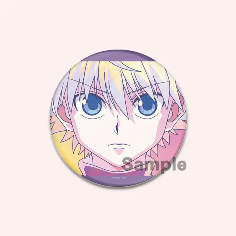 Hunter x hunter character pins featuring a handmade circular badge with a pastel anime character with blonde hair and blue eyes