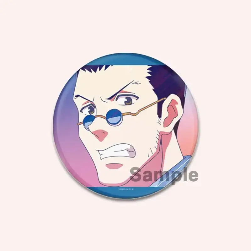 Circular hunter x hunter character pin featuring an anime character with spiky dark hair and blue glasses on purple to pink background