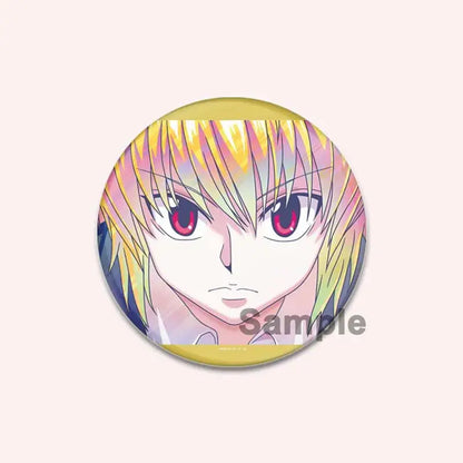 Circular hunter x hunter character pin featuring a vibrant anime character with spiky blonde hair and red eyes