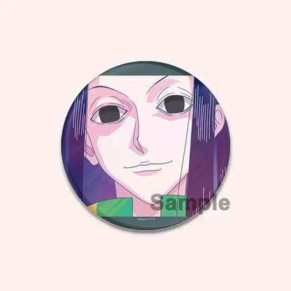 Circular hunter x hunter character pin featuring an anime character with long purple hair on glossy material