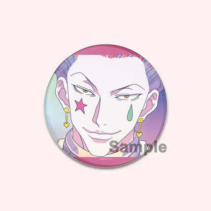 Circular handmade hunter x hunter character pin featuring anime character with purple hair and colorful facial marks