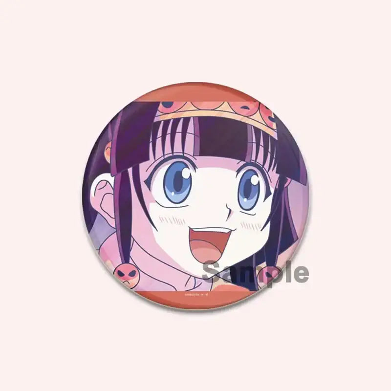 Circular hunter x hunter character pin featuring a cheerful anime girl with purple hair and vibrant blue eyes