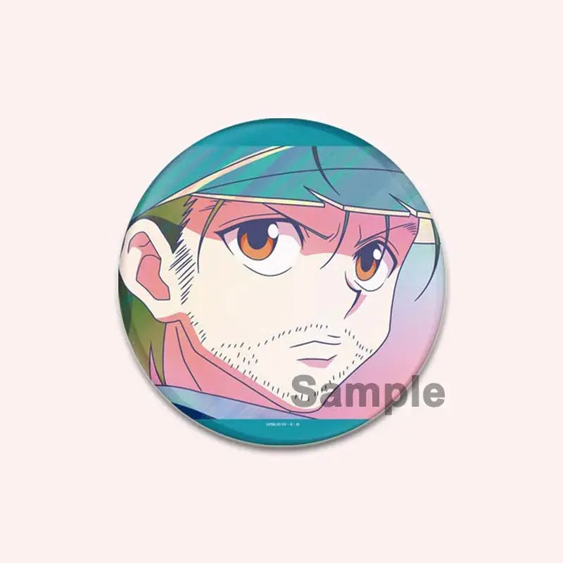 Circular hunter x hunter character pins featuring an anime character with teal hair and orange eyes handmade badge