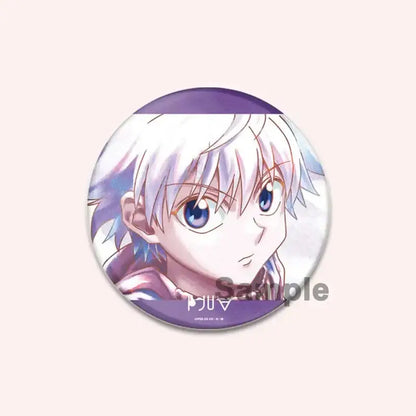 Handmade hunter x hunter character pin featuring a silver haired boy with blue eyes on a purple and white background