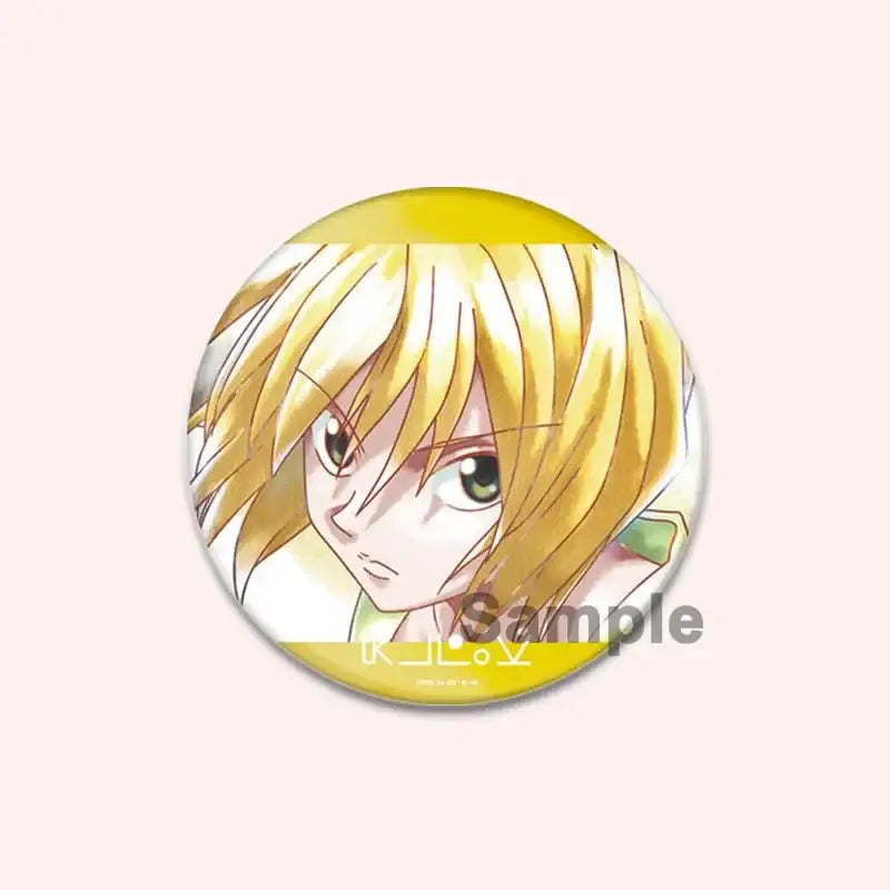 Circular handmade hunter x hunter character pin featuring an anime character with long blonde hair and green eyes