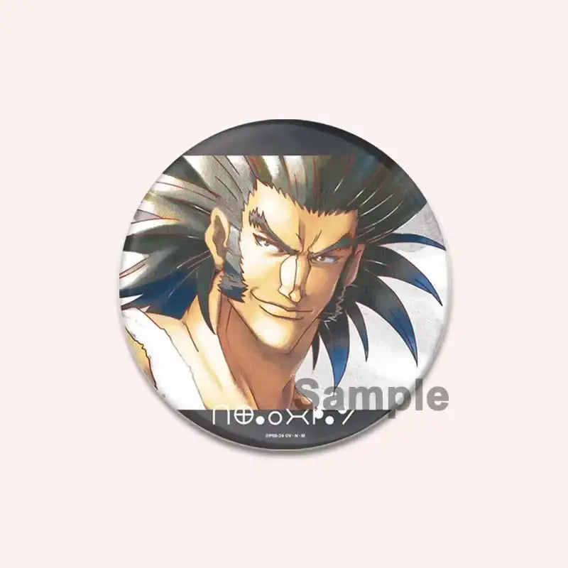 Circular hunter x hunter character pin featuring anime character with spiky black and blue hair and white garment