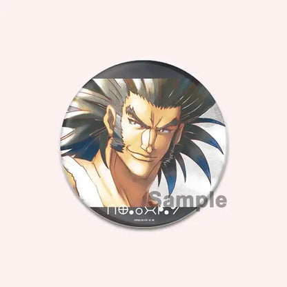 Circular hunter x hunter character pin featuring anime character with spiky black and blue hair and white garment
