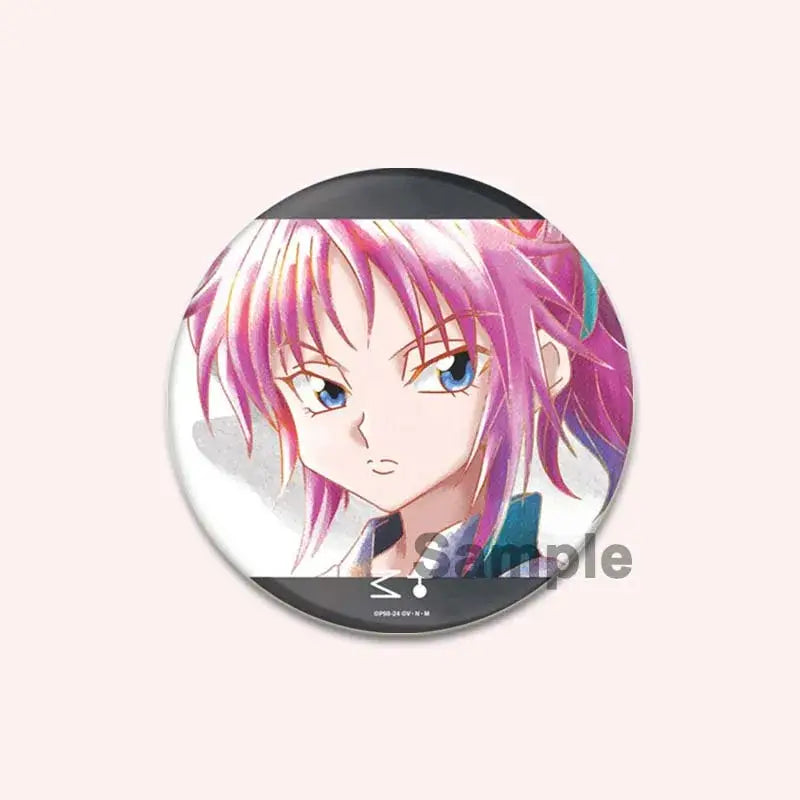 Circular hunter x hunter character pin featuring vibrant pink hair and blue eyes in detailed handmade badge design