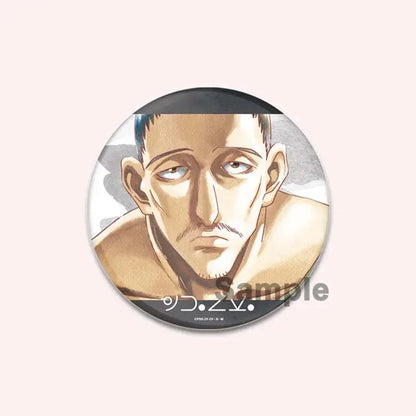 Circular glossy hunter x hunter character pin featuring a serious anime character in detailed ink and watercolor style