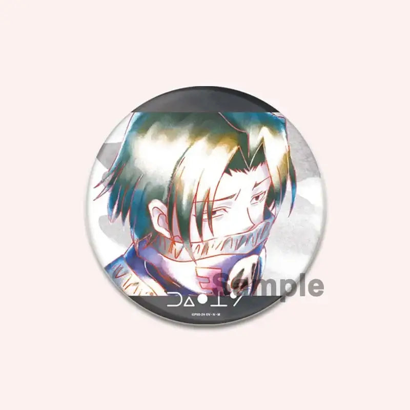Circular hunter x hunter character pin featuring anime character with spiky green and blonde hair and scarf
