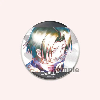Circular hunter x hunter character pin featuring anime character with spiky green and blonde hair and scarf