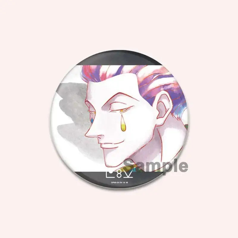 Circular hunter x hunter character pin featuring an anime character with purple and pink hair and a tear in watercolor style