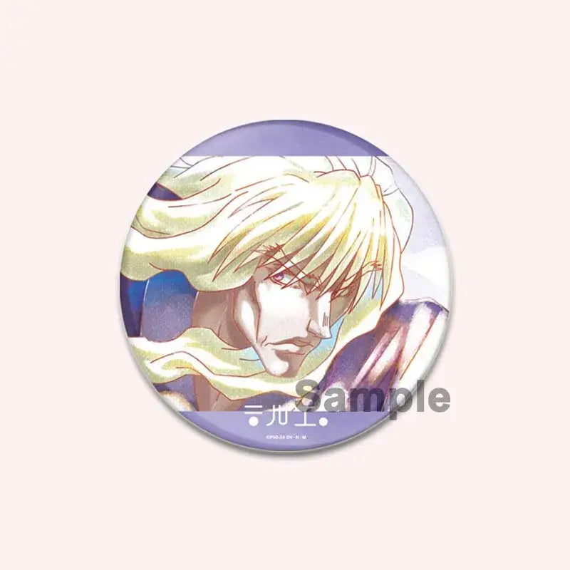 Circular handmade hunter x hunter character pin featuring an anime character with long blonde hair on purple background