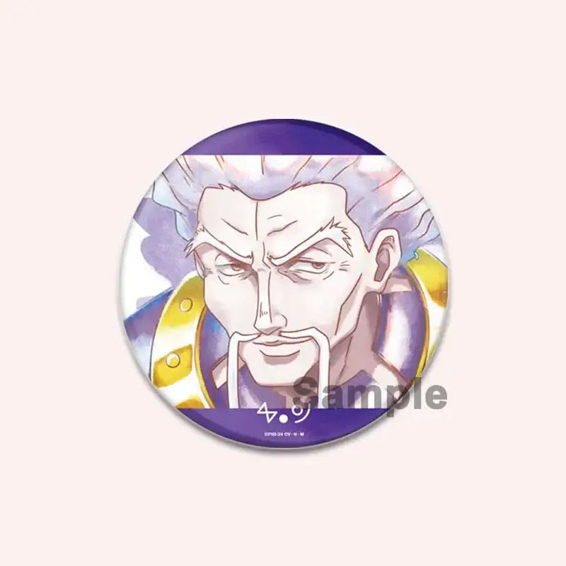 Circular hunter x hunter character pin featuring an anime character with white hair and gold armor on purple background