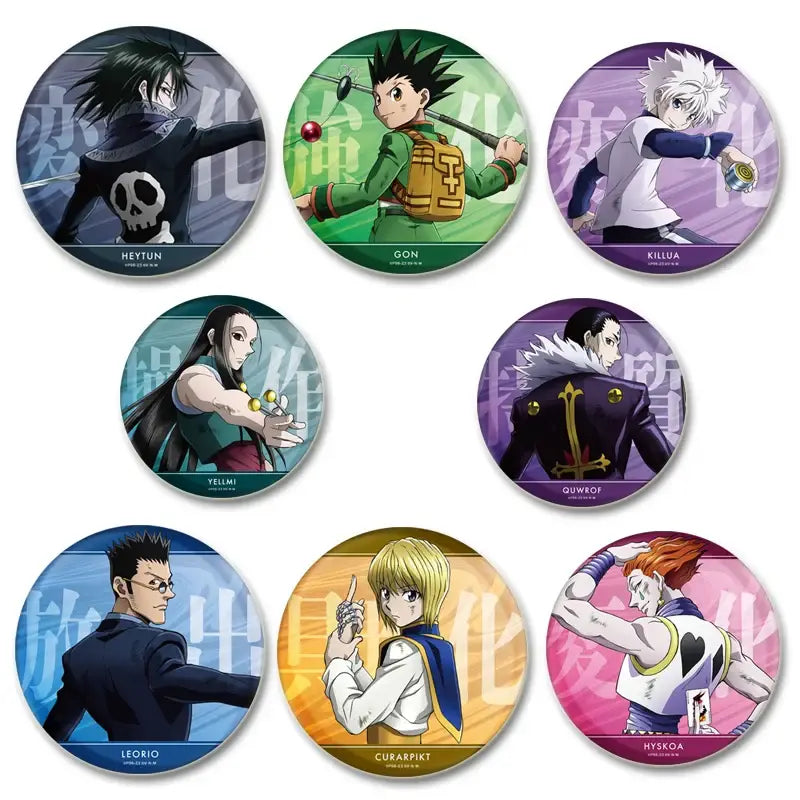 Set of seven handmade hunter x hunter character pins with colorful backgrounds and detailed anime illustrations