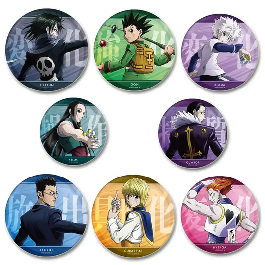 Set of seven handmade hunter x hunter character pins with colorful backgrounds and detailed anime illustrations