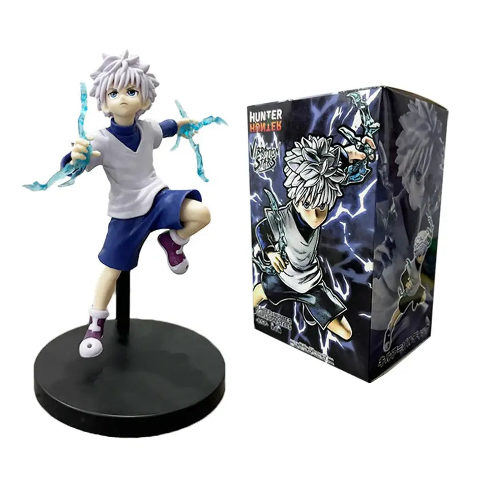 Hunter x hunter chrollo lucilfer pvc figure in dynamic pose wearing white shirt blue shorts and purple sneakers