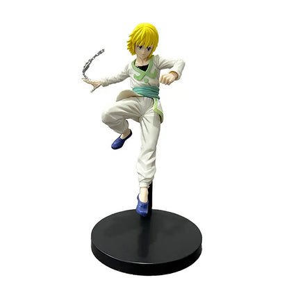 Detailed hunter x hunter chrollo lucilfer pvc figure with spiky yellow hair white outfit and chain weapon 15-23cm
