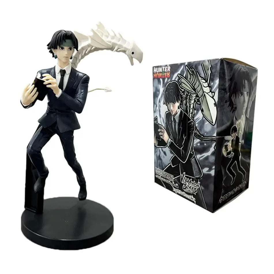 Black pvc hunter x hunter chrollo lucilfer figure with white dragon-like creature standing 15-23cm tall