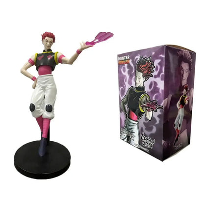 Hunter x hunter chrollo lucilfer pvc figure with pink hair in black and white outfit on black circular base 15-23cm