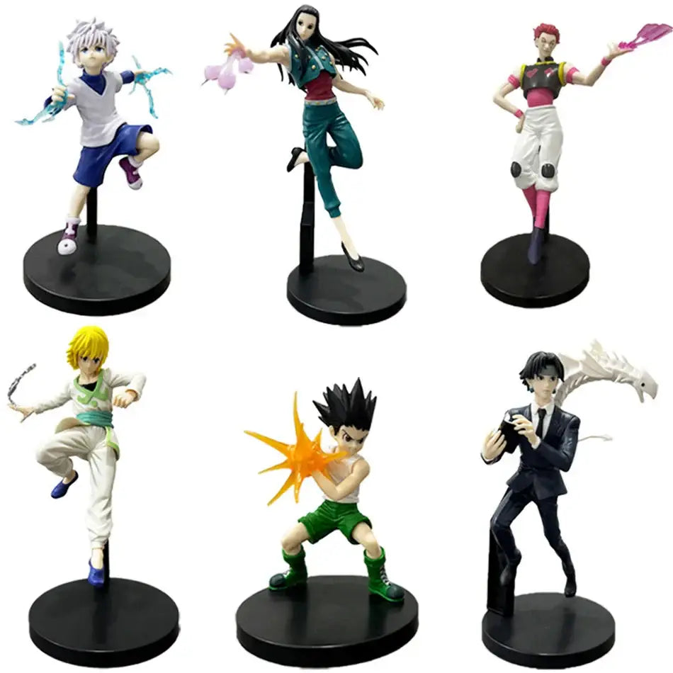 Six detailed hunter x hunter pvc figurines including chrollo lucilfer in colorful outfits on black circular bases