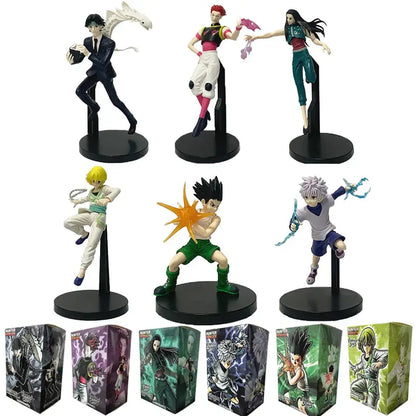 Six detailed hunter x hunter pvc figurines featuring chrollo lucilfer in dynamic poses with distinct costumes