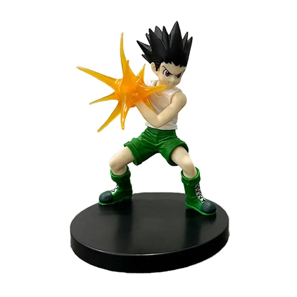 Hunter x hunter chrollo lucilfer pvc figure with black hair in green shorts posed mid-action with orange energy blast