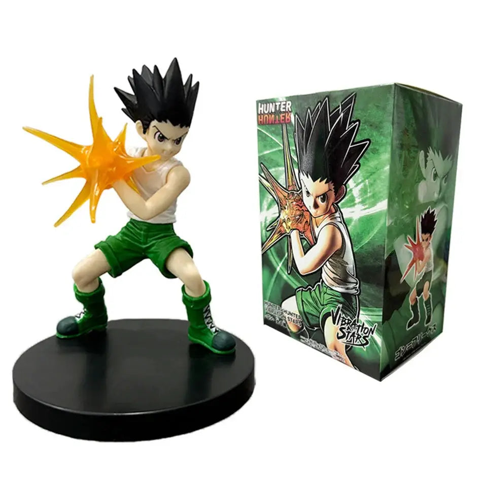 Hunter x hunter chrollo lucilfer pvc figure with black spiked hair in white tank top and green shorts holding orange energy blast