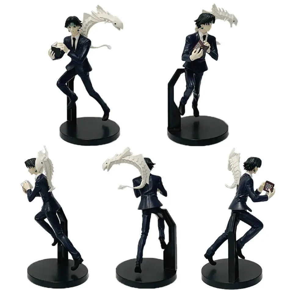 Hunter x hunter chrollo lucilfer pvc figure in black suit with white dragon on black circular base 15-23cm tall